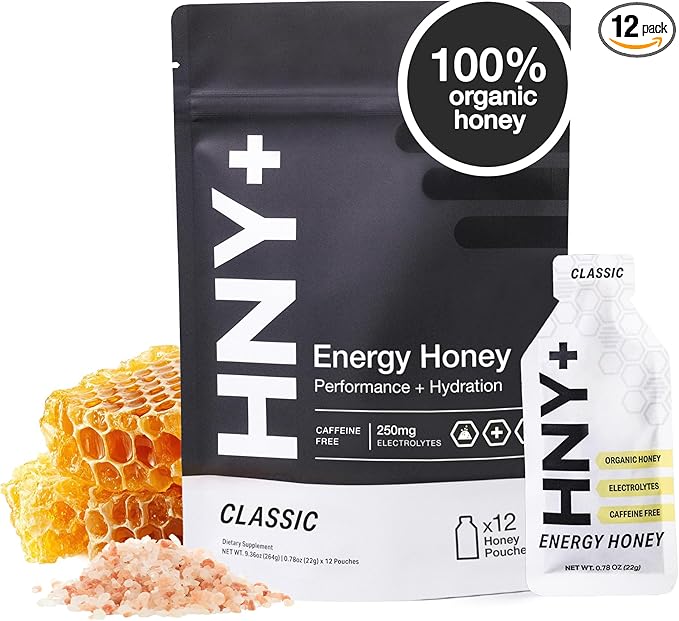 HNY+ Organic Honey Energy Gel with Electrolytes, Magnesium, Sea Salt & Potassium, Gluten Free & Vegan, Workout Gels, for Gym, Running, Cycling & Hiking, Sports Nutrition, Caffeine Free, 12 Pack