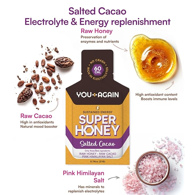 You Again Super Honey Clean Energy Gel, Himalayan Salted Cacao | Electrolyte Replenishment Running Fuel | Endurance Workouts & Cycling Gel | Paleo & Carnivore Snack | Gluten-Free | USA Made | 24-Pack
