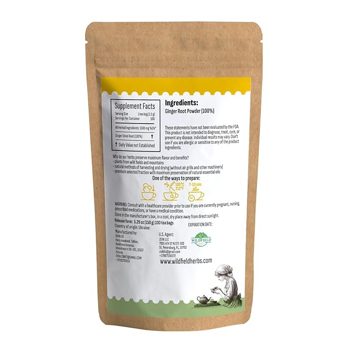100 Bags Ginger Tea Ginger Root Tea Dry Dried Herb (Zingiber Officinale) - 100 Count 1.5g Bags Raíz De Jengibre