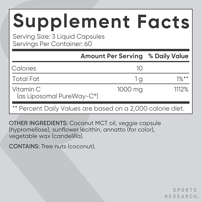 Sports Research® High Potency Liposomal Vitamin C Supplement 1000 mg – Certified Vegan, Non-GMO, Gluten Free | Antioxidant & Immune Support | Ascorbic Acid Vitamin C | 180 Liquid Veggie Capsules