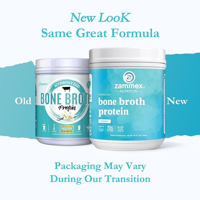 Zammex Bone Broth Protein Powder, Pure Grass Fed Beef, Vanilla Protein Powder,Hydrolyzed Collagen Supplement for Healthy Skin,Nails,Hair,Joints, Non-GMO,Gluten Free, Great in Shakes