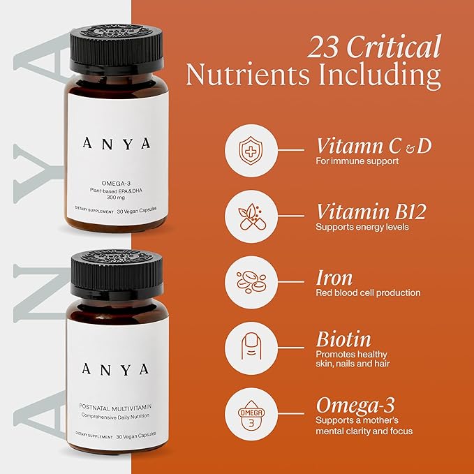 ANYA Postnatal Vitamin Bundle – Postpartum Multivitamin with Vitamins C, D, B12, Zinc & Omega-3 with DHA and EPA Supplement for Breastfeeding, Lactation, and Hair Loss – Vegan, Non-GMO, Gluten-Free