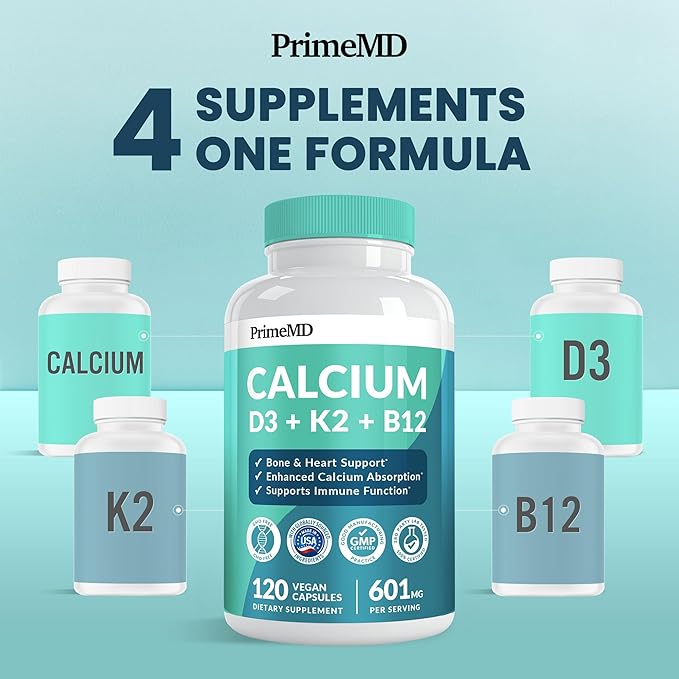 4-in-1 Calcium Supplements for Women and Men - Calcium with Vitamin D3 K2 5000 IU Supplement, 601mg per Serving for Heart, Bones & Body Defenses - Gluten-Free, Vegan-Friendly (480 ct)