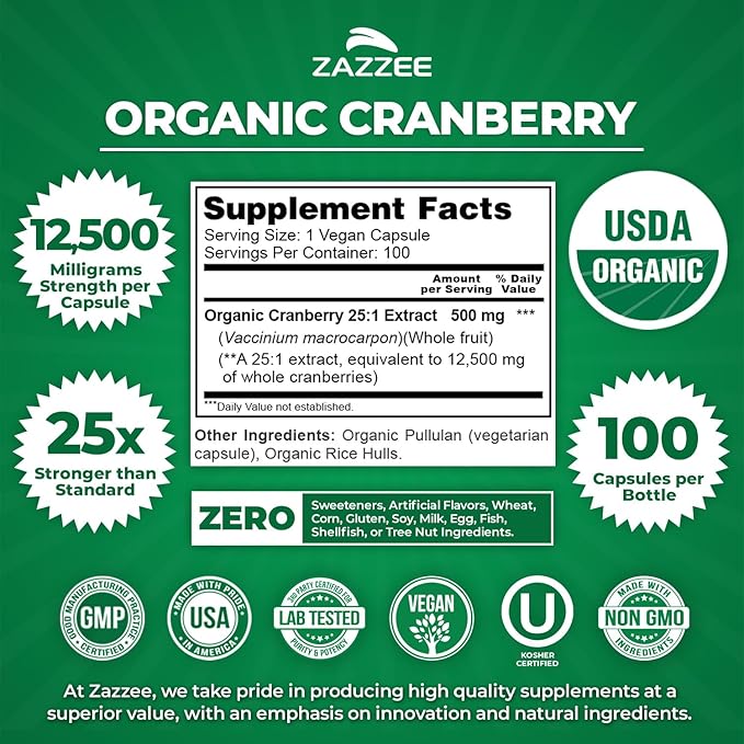 Zazzee USDA Organic Cranberry 25:1 Extract, 500 mg per Capsule, 100 Vegan Capsules, Over 3 Month Supply, Standardized, Concentrated 25X Extract, 100% Vegetarian, Certified Organic, Non-GMO All-Natural