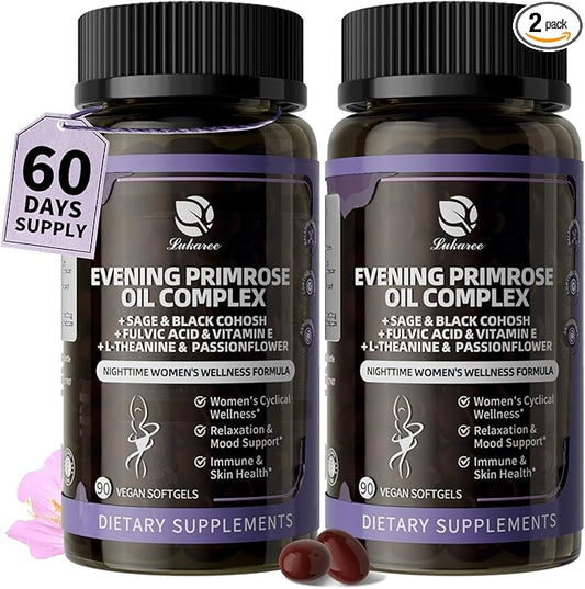 2 Pack Evening Primrose Oil Complex for Women – Hormone Wellness with Cold-Pressed EPO, 10% GLA, Sage, Fulvic Acid, L-Theanine – Cyclical Balance, Mood, Skin & Immune Health, 180 Softgels
