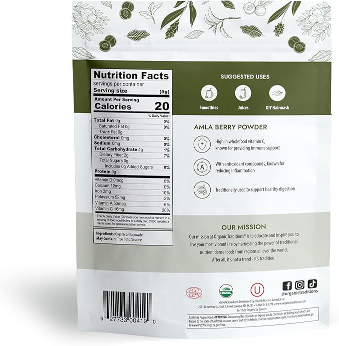 Organic Traditions Organic Amla Berry Powder, Powdered Amla Indian Gooseberry, Non-GMO Organic Powdered Fruit Superfood, 1lb Bag 16oz (454g)