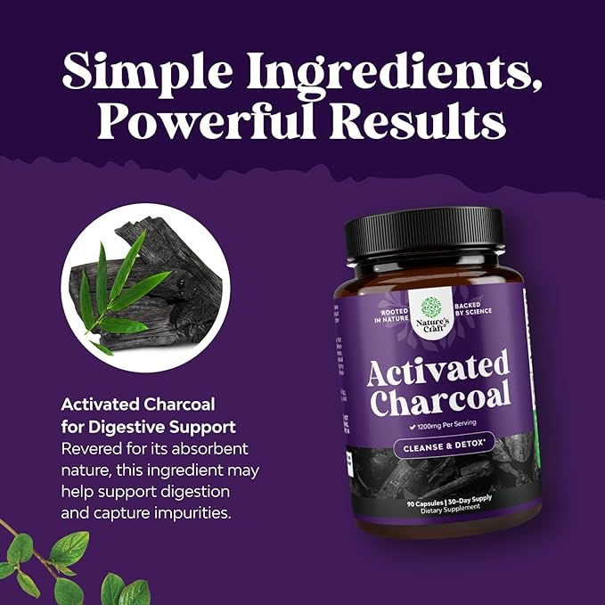 Activated Charcoal Pills Detox & Cleanse - Purifying Coconut Capsules with 1200 mg Per Serving for Bloating Relief - Active Detox Supplement for Body & Gut Health - 90 Count