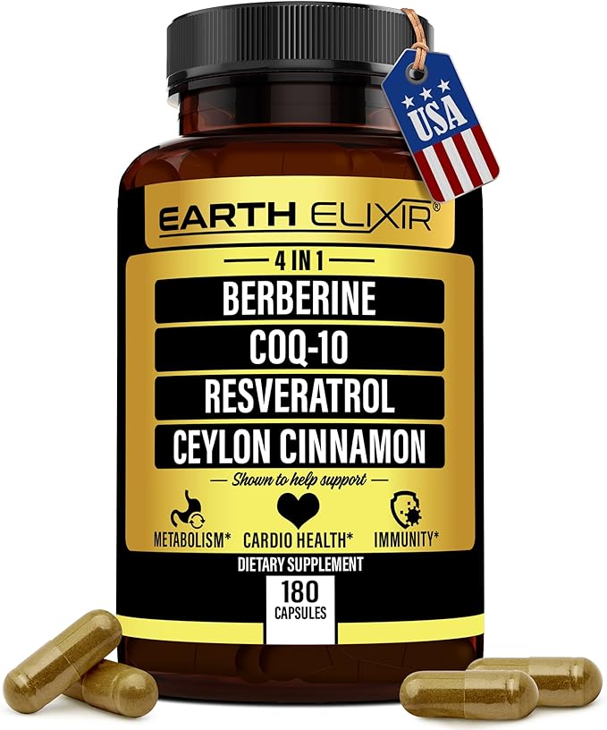 4-in-1 Berberine Supplement 1160mg (180 Caps) w/ 180mg COQ10, 380mg Resveratrol & 120mg of Ceylon Cinnamon –3rd Party Tested– Berberine w/Ceylon Cinnamon Supplements –Max Purity– CO Q 10