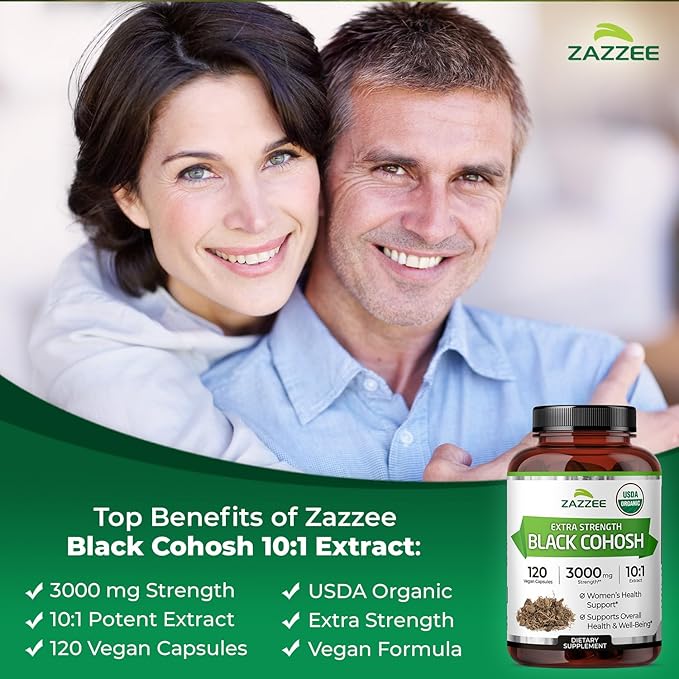 Zazzee USDA Organic Black Cohosh 10:1 Extract, 3000 mg Strength, 120 Vegan Capsules, 4 Month Supply, Standardized and Concentrated 10X Extract, 100% Vegetarian, All-Natural, Non-GMO, Made in The USA