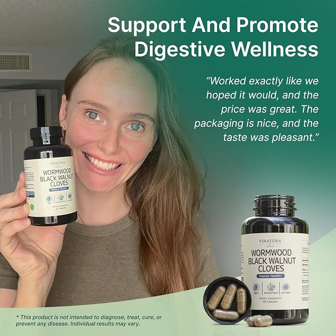 VINATURA Wormwood Black Walnut Clove Capsules - Cleanse, Detox, Intestinal Guard Formula Supplement for Humans, with Wormwood herb, Black Walnut Extract Combination, 60 Capsules