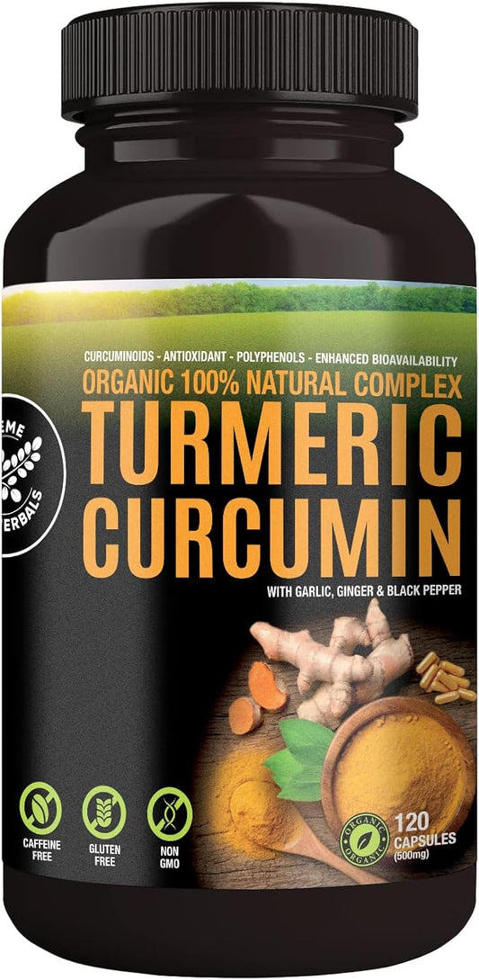 100% Raw and Organic Turmeric Curcumin Capsules. Certified Organic, Gluten-Free, Non-GMO, and Caffeine-Free. Enhanced with Garlic, Ginger and Black Pepper, 500mg, 120 Vegan Capsules