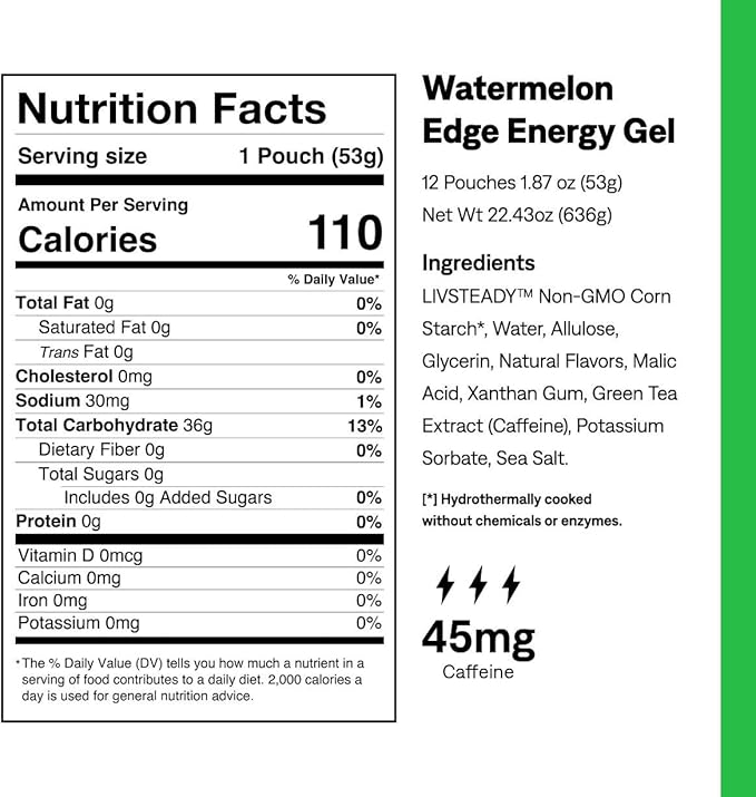 UCAN Edge Energy Gel Shots, Watermelon & Caffeine (12, 2 Ounce Packets) for Running, Training, Workouts, Fitness, Cycling, Crossfit | Sugar-Free, Vegan, & Keto Friendly Energy