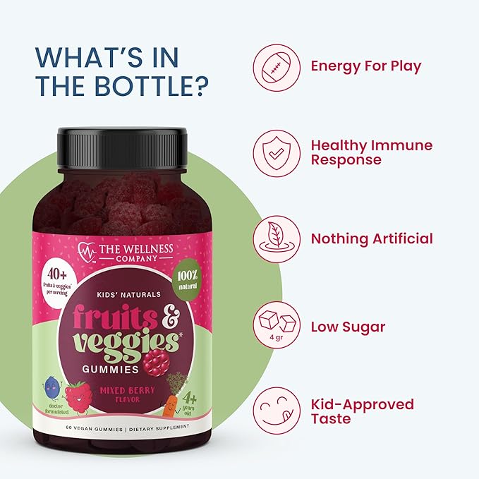 The Wellness Company Kids Naturals Fruits & Veggie Gummies – Daily Nutrition Support | 60ct (1 Month Supply)