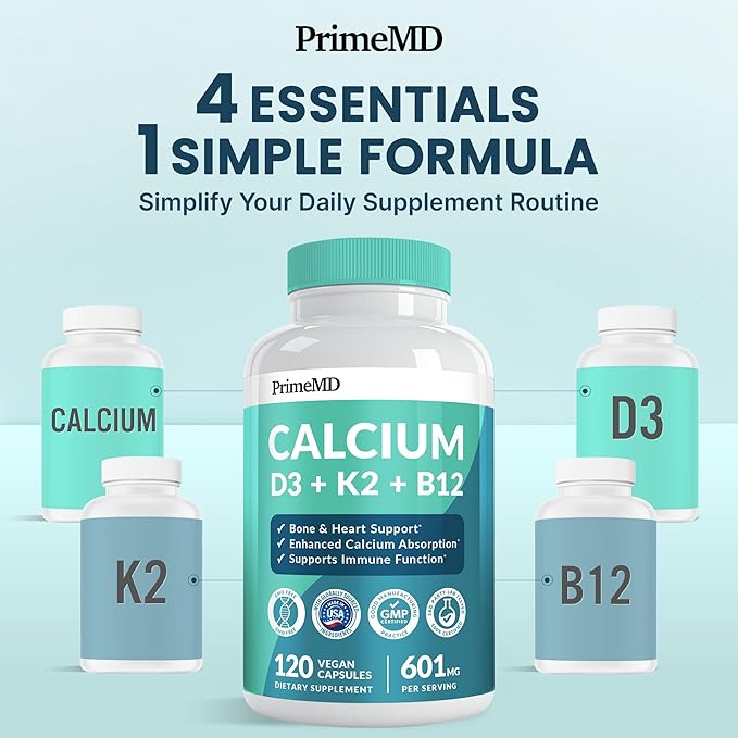 4-in-1 Calcium Supplements for Women and Men - Calcium with Vitamin D3 K2 5000 IU Supplement, 601mg per Serving - Gluten-Free, Vegan-Friendly (120 ct)