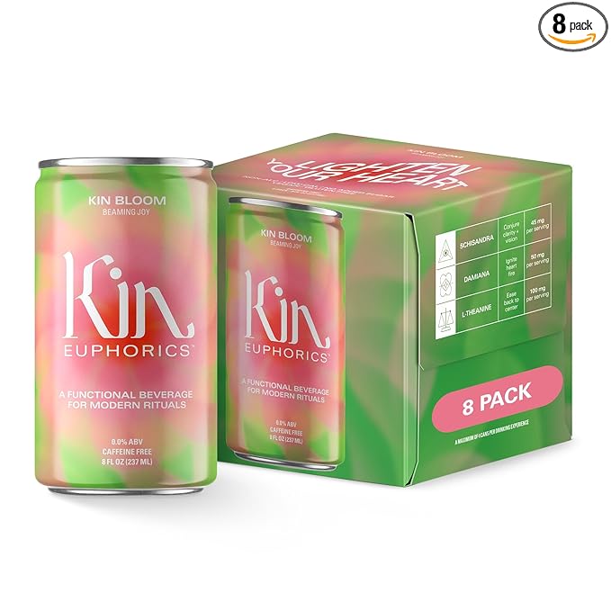 Kin Euphorics Kin Bloom Non-Alcoholic Functional Beverage | All day rosé | Elevate Your Mind & Spirit | Prebiotic | L-Theanine, Schisandra, Damiana | Ready to Drink | 8 Fl Oz (8pk)