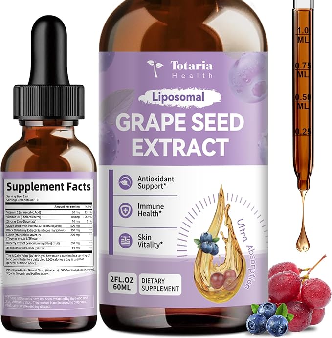 Grape Seed Extract Liquid Drops | High Potency 95% Polyphenols Antioxidant Supplement for Skin, Heart & Immune Support | Vegan, Gluten Free | Alcohol-Free & Non-GMO | 2FL