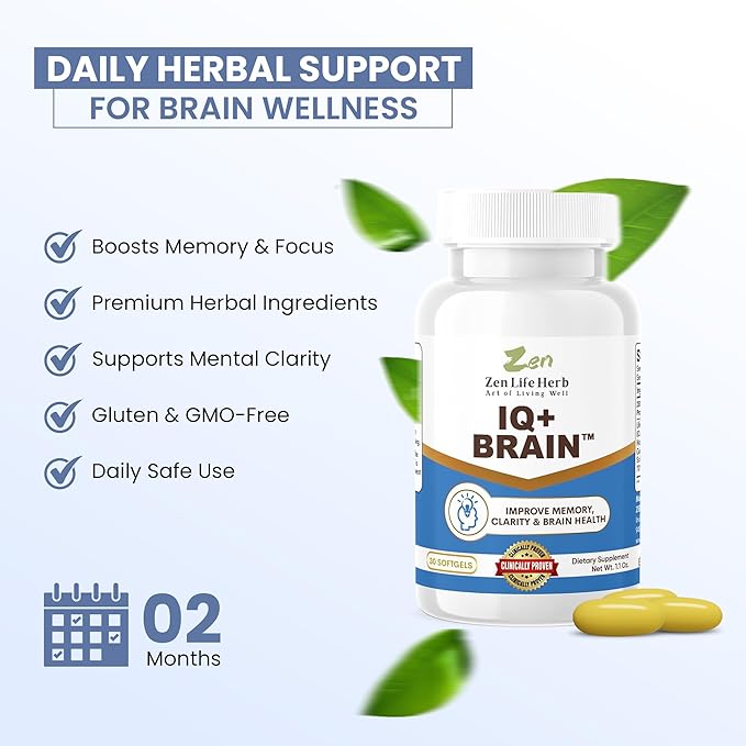 ZEN LIFE HERB IQ+ Brain - Caffeine-Free, Clinically Tested Focus, Concentration, Memory & Energy, Natural Plant-Based Herbal Supplement, No Added Vitamins/Minerals/Mushroom/Sugar (30 Softgels)