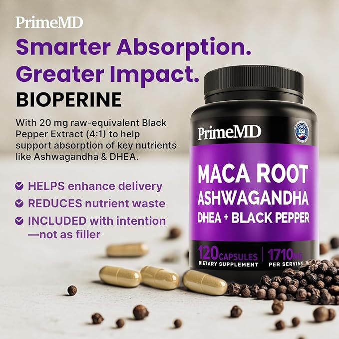 6-in-1 Organic Maca Root Ashwagandha Capsules 1710mg with DHEA and Black Pepper Fruit Extract for Women and Men - Black Maca Supplement for Stamina, Bone and Mood Support Supplement, 120ct (Pack of 2)