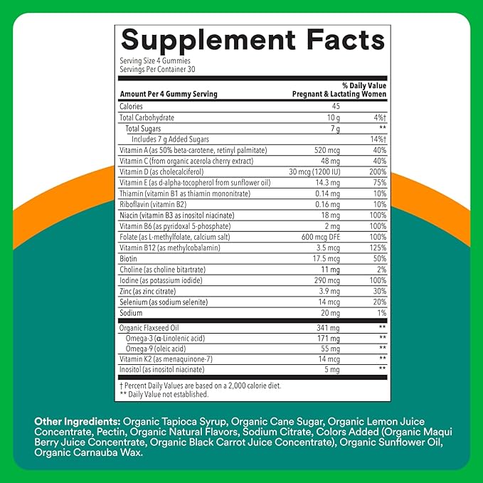 SmartyPants Organic Prenatal Vitamins for Women, Multivitamin Gummies: Biotin, Methylfolate, Omega 3 (ALA), Vitamin D3, C, Vitamin B12, B6, A, K2 & Zinc, Choline, Vegetarian, 120 Count (30 Day Supply)