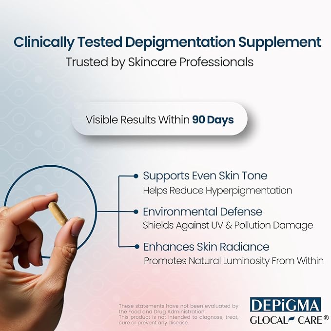 GlocalCare Depigma Support Reduction of Hyperpigmentation, Melasma & Dark Spots with Glutathione, Polypodium Leucotomos, Grape Seed & Marigold Extract