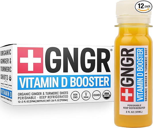 +GNGR Vitamin D Booster – Tropical Immunity Booster Edition Cold-Pressed Ginger Shot with Pineapple, Passion Fruit, Orange, Turmeric & Vitamin D3. Mood, Immunity & Energy. 2 fl oz (Pack of 12)