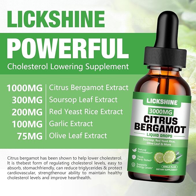 1 Pack 3000mg Citrus Bergamot Liquid Drops - High Absorption - Cholesterol Lowering Supplement for Immune Support Healthy Anti-Aging, Hight Cholesterol - Soursop Bitters Liquid, 2 Fl Oz
