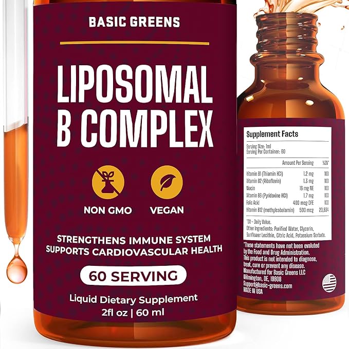 Liposomal B Vitamins Complex Liquid – High Absorption for Energy, Brain & Skin Health, Hair & Nails, Advanced Liposomal Delivery, Vegan, Non-GMO, 2 Fl Oz