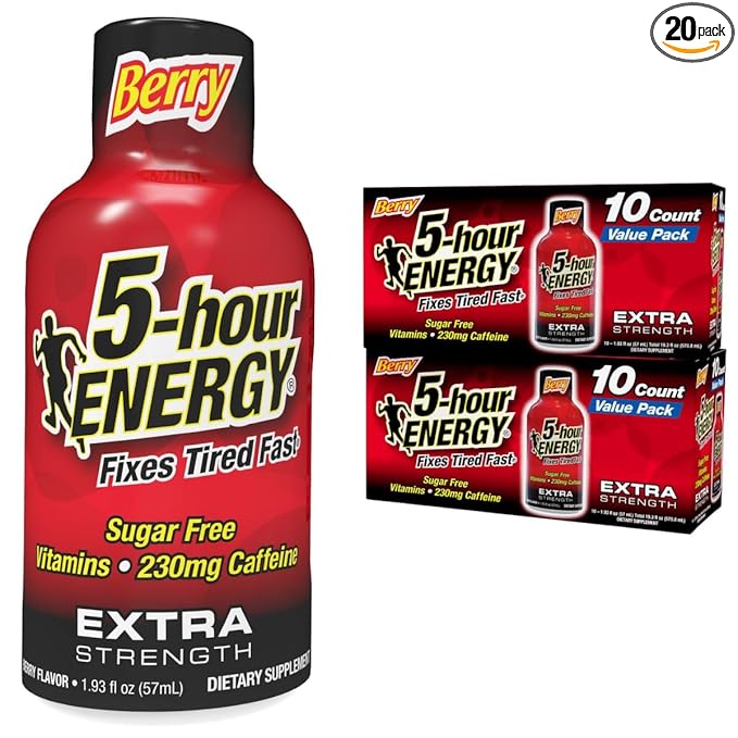 5-hour ENERGY Extra Strength Berry Energy Shot 1.93oz, 20-Pack – Sugar Free Caffeine Energy Booster with B-Vitamins & Amino Acids – Zero Calorie