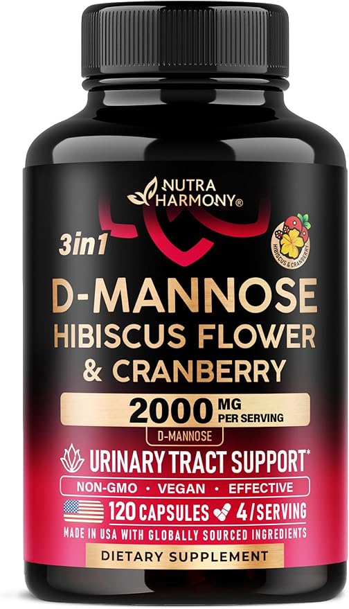 D-Mannose 2000mg with Cranberry & Hibiscus - Clinically Tested Strength for Urinary Tract Health - Supplement for Women - Bladder, Liver & Microflora Support - Made in USA - Vegan, 120 Capsules