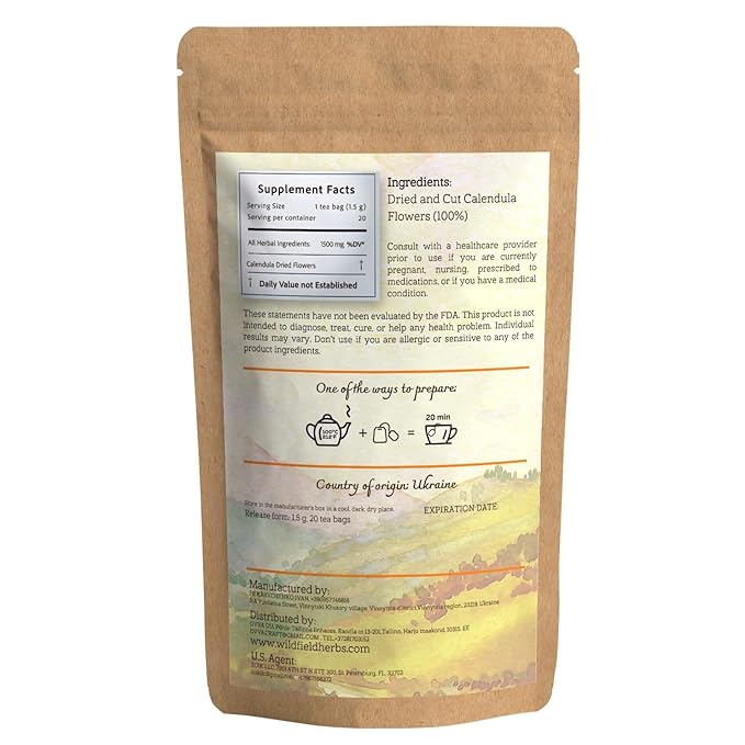 20 Bags Calendula Tea Dried Calendula Flowers Herb Herbal Tea - 20 Count 1.5 g Bags Flower Herb Kalendula