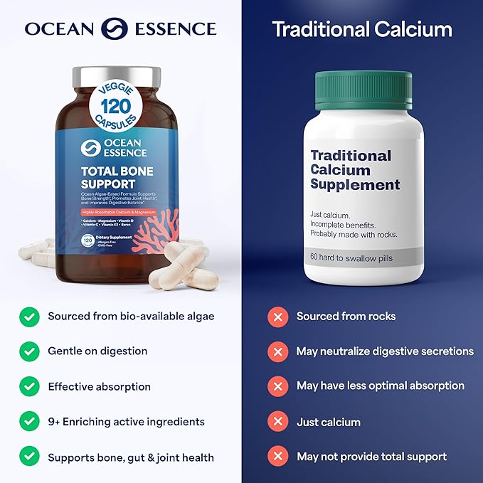 3 Pack OCEAN ESSENCE Total Bone Support - Plant-Based Algae Calcium Supplement for Supporting Bone Density & Strength - For Men & Women 35+ - 120 Natural Calcium Capsules - Vitamins for Optimal Health