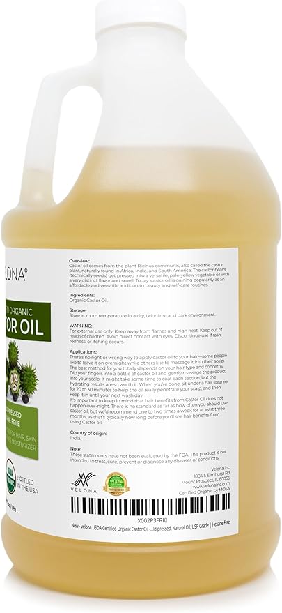 velona USDA Certified Organic Castor Oil - 64 fl oz | For Hair, Boost Eyelashes, Eyebrows | Cold pressed, Natural Oil, USP Grade | Hexane Free