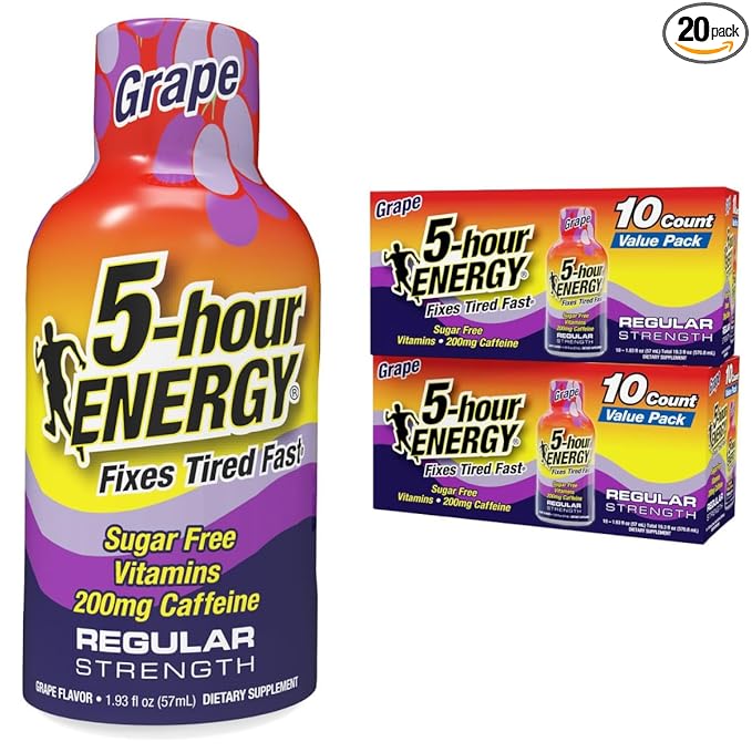 5-hour ENERGY Regular Strength Energy Shot 1.93oz, 20-Pack – Sugar Free Caffeine Energy Booster with B-Vitamins & Amino Acids – Zero Calorie (20 Bottles – Single Flavor, Grape Regular Strength)