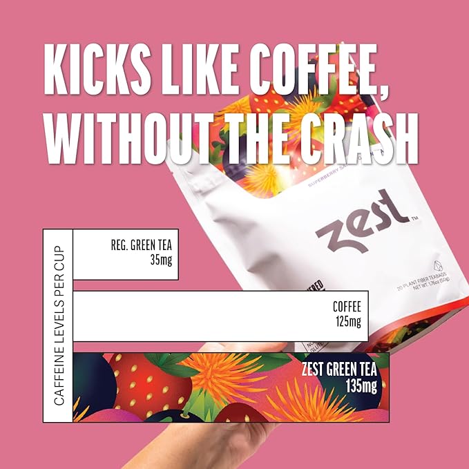 Zest Energy Green Tea - Superberry Samba - High Caffeine Strawberry, Acai, & Passion Fruit Tea - Caffeinated Coffee Altnernative with Antioxidants - Natural, Non-GMO & Keto - 20Ct Pack - 135mg Caf