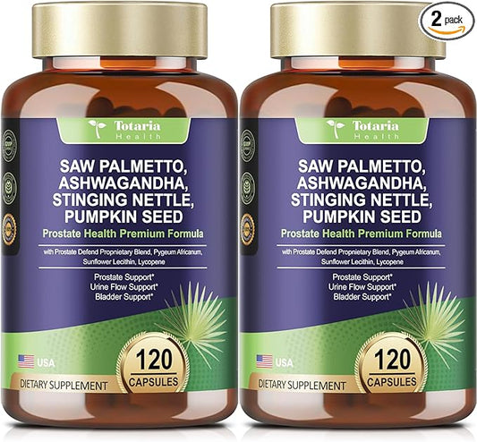 2Pack Organic Saw Palmetto - Prostate Health Supplements for Men with Ashwagandha Root, Stinging Nettle, Pumpkin Seed, Prostate Defend Propnietary Blend, DHT Blocker, 240 Count
