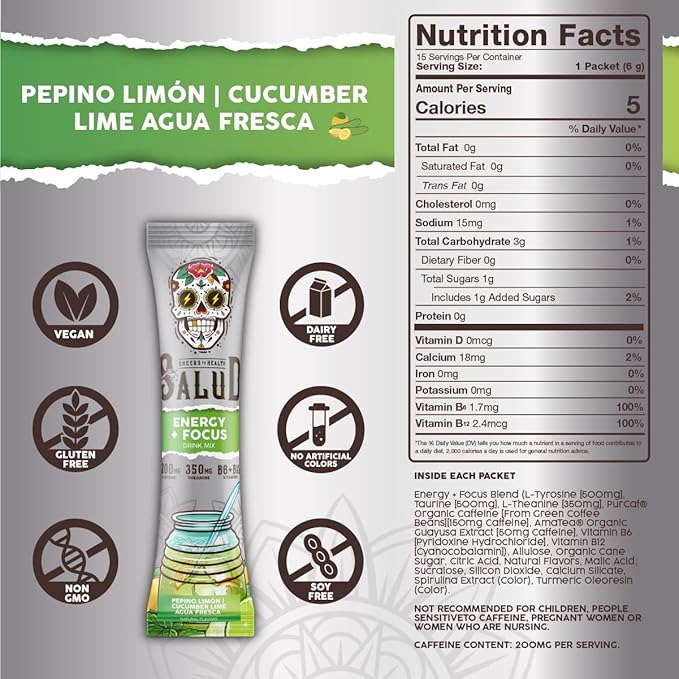 Salud 2-in-1 Energy Drink Powder + Focus, Cucumber Lime, Organic Caffeine, B6 + B12, Theanine, Clean Energy Drink Packets, Agua Fresca Mix, Non-GMO, Gluten Free, Vegan, 1g of Sugar, (15 Servings)
