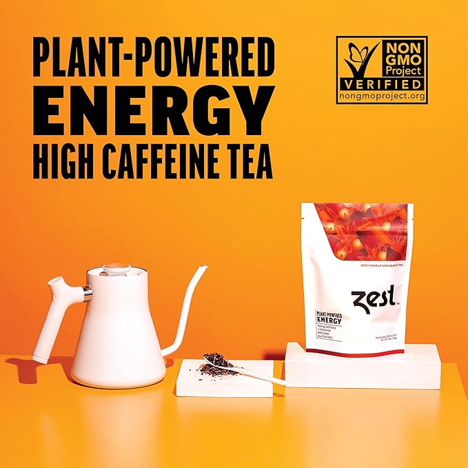 Zest 150mg High Caffeine Energy Loose Leaf Blend - Spicy Masala Chai Black Tea - 4 Oz - All Natural Strong Flavored Healthy Coffee Alternative Highly Caffeinated Substitute - Perfect for Keto Diet