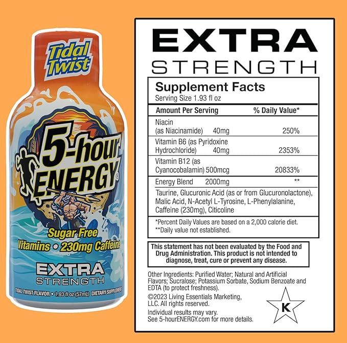 5-hour ENERGY Extra Strength Energy Shot, Tidal Twist (1.93 oz., 30 Count), Zero Calories & Sugar-Free 230 mg Caffeinated Energy Shot, Amino Acids & B Vitamins, Dietary Supplements, , Pina-Colada Flavor