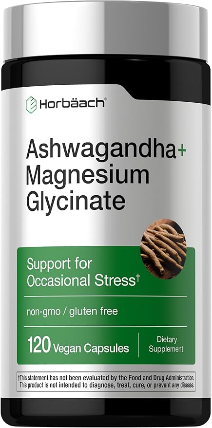 Horbäach Ashwagandha and Magnesium Glycinate | 120 Vegan Capsules | Support Supplement for Stress | Non-GMO, Gluten Free