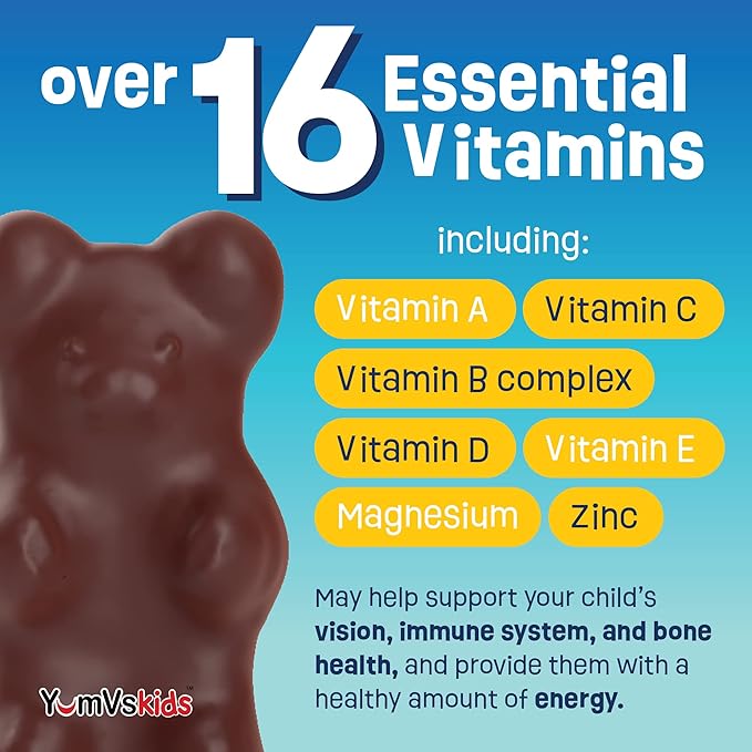 YUM-V'S - Kids Multivitamin Chewable Chocolate Bears - Multivitamin for Kids Supplement - 16 Vitamins & Minerals - Vitamins Including D, Zinc, C, B Complex & More, 60 Count Pack of 1
