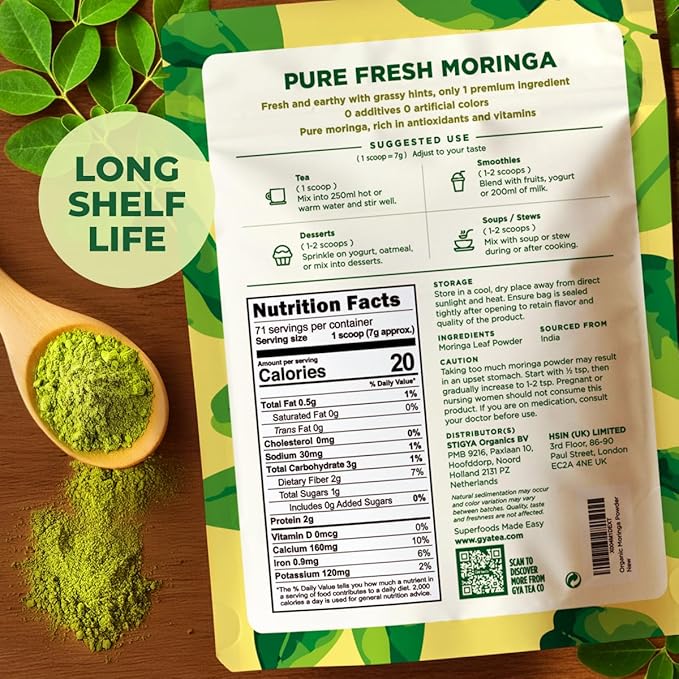 Gya Tea Co Moringa Powder 1.1lb (17.64 Oz) – 100% Pure & Tasty Moringa Oleifera Leaf Powder – Superfood for Smoothies, Drinks, Tea, Recipes – Great For Overall Wellness – Non GMO, Gluten Free, Vegan