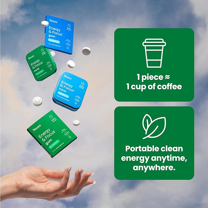 Neuro Energy & Focus Gum, Extra Strength - 100mg Natural Caffeine Gum & Nootropic Energy Supplement with L-Theanine & B Vitamins - Sugar Free, Vegan - Spearmint, 90ct