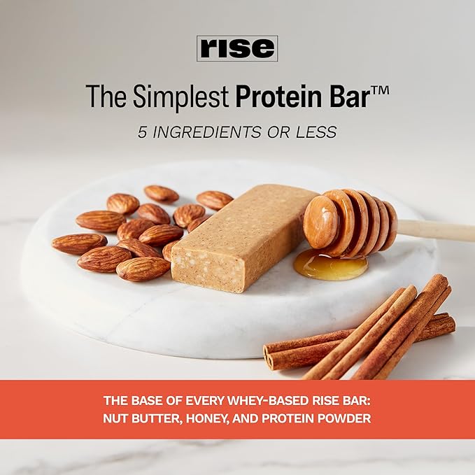 Rise Whey Protein Bars - Honey Cinnamon | Breakfast Bar & Protein Snack 18g Protein 4g Fiber Just 5 Whole Food Ingredients Gluten-Free Soy Free