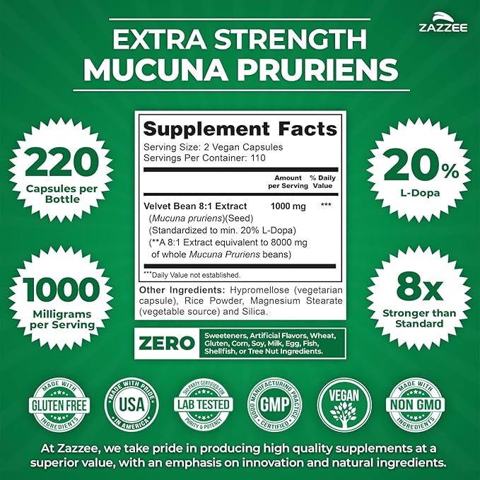 Zazzee Extra Strength Mucuna Pruriens 8:1 Extract, Minimum 20% L-Dopa, 1000 mg, 220 Vegan Capsules, 110 Day Supply, Concentrated and Standardized 8X Extract, 100% Vegetarian, All-Natural and Non-GMO