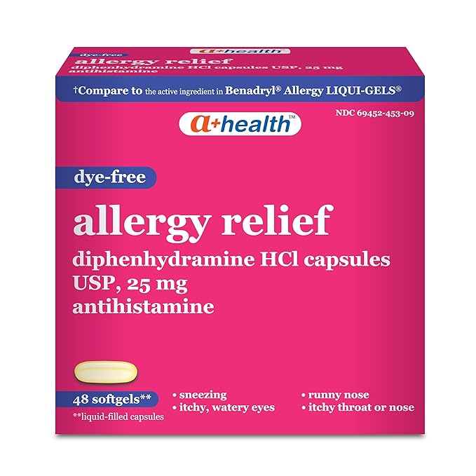 A+Health Allergy Relief Dye-Free Diphenhydramine 25mg Softgels, for Relief of Allergy Symptoms Like Runny Nose, Sneezing, Itch of The Nose or Throat, Itchy, Watery Eyes, 48 Count