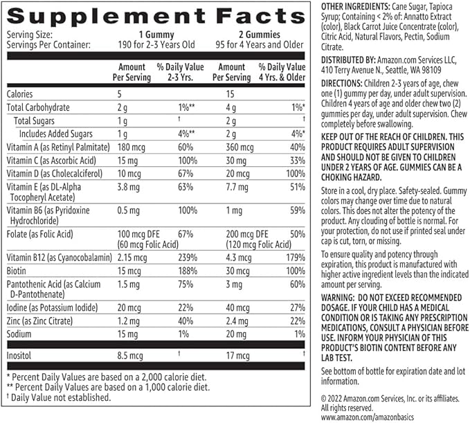 Amazon Basics Kids' Multivitamin, 190 Gummies, Orange, Cherry & Strawberry (Previously Solimo)