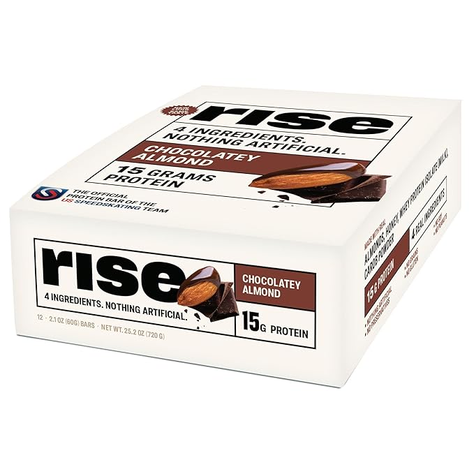 Rise Whey Protein Bars - Chocolatey Almond | Breakfast Bar & Protein Snack 15g Protein 5g Fiber Just 4 Whole Food Ingredients Gluten-Free Soy Free
