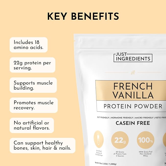 JUST INGREDIENTS French Vanilla Protein Powder – 30 Serving Bag – Grass-Fed Whey & Plant Protein Blend with Real Vanilla Bean – Sweetened with Coconut Sugar & Monk Fruit, Non-GMO, Gluten-Free