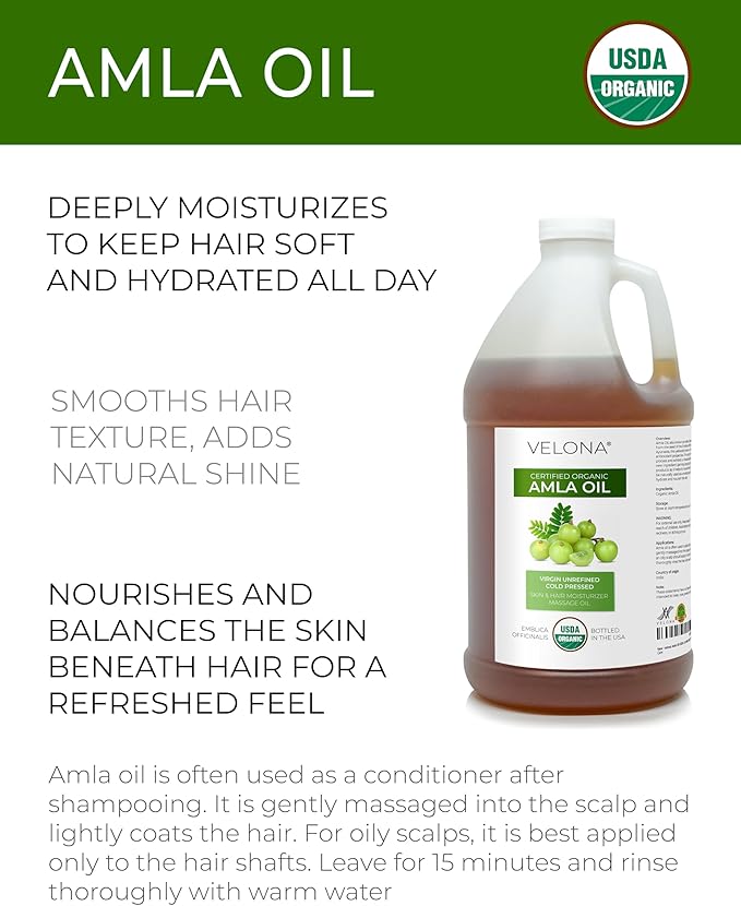 velona Amla Oil USDA Certified Organic - 64 Fl Oz | 100% Pure and Natural Carrier Oil | Extra Virgin, Unrefined, Cold Pressed