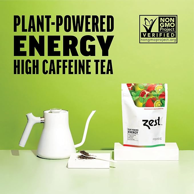 Zest 135mg High Caffeine Energy Loose Leaf Blend - Pomegranate Mojito Green Tea - 4 Oz - All Natural Strong Flavored Healthy Coffee Alternative Highly Caffeinated Substitute - Perfect for Keto